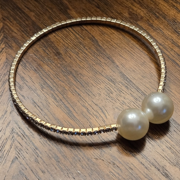 Faux Pearl Design Wrap Around Cuff Bracelet Copper Sparkly Rhinestones - Picture 10 of 12